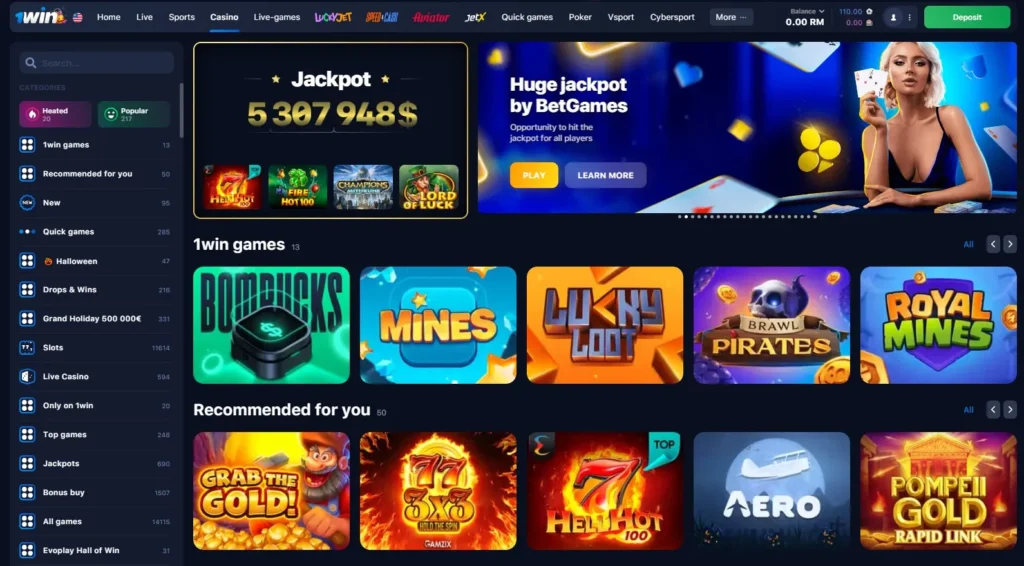 Lobby de juegos del casino en línea 1WIN